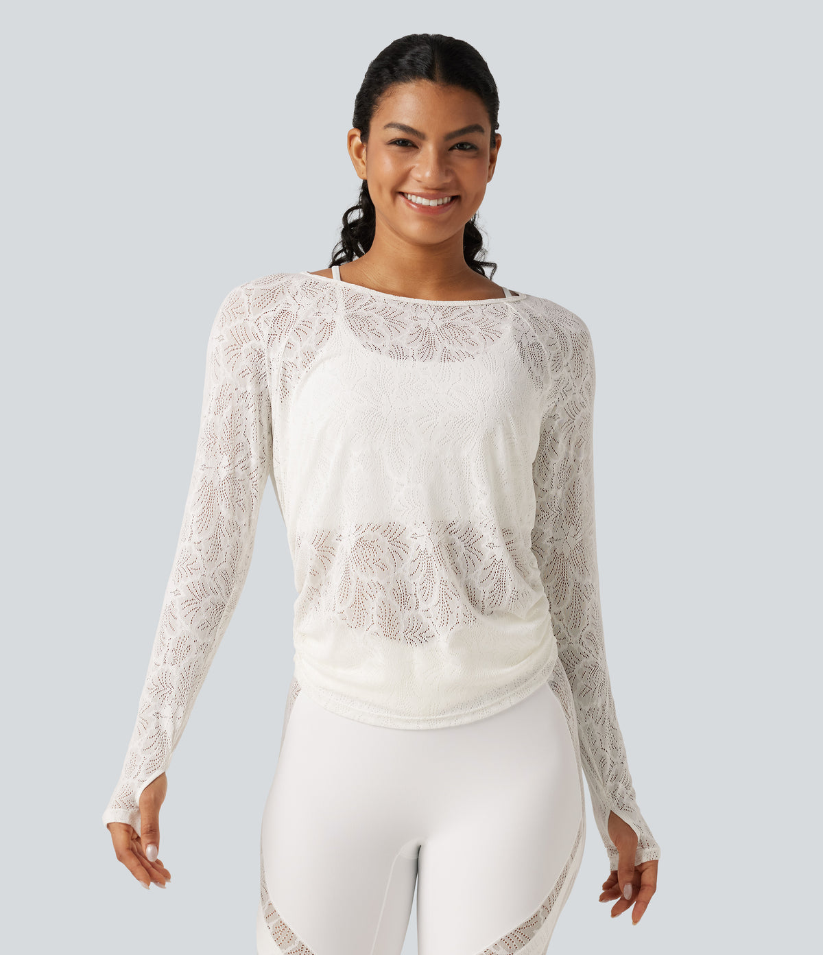 Cut Out Long Sleeve Thumb Hole Ruched Lace Yoga Sports Top — White — view 2