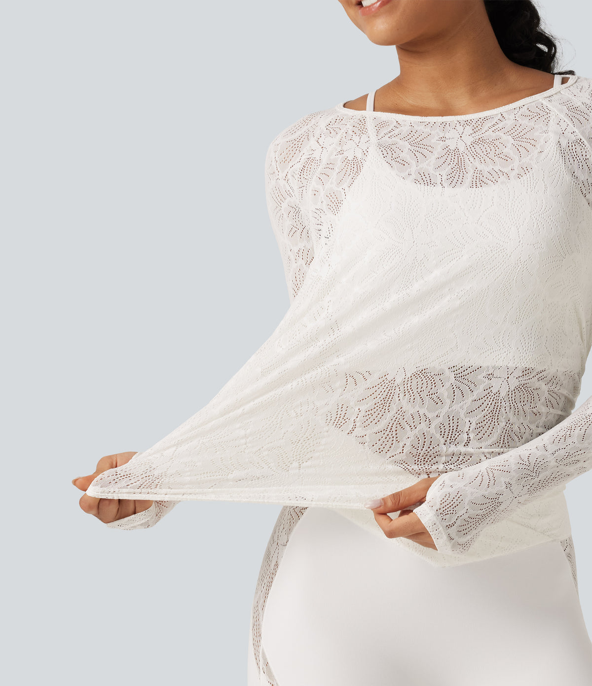 Cut Out Long Sleeve Thumb Hole Ruched Lace Yoga Sports Top — White — view 6