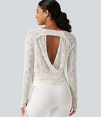 Cut Out Long Sleeve Thumb Hole Ruched Lace Yoga Sports Top — White — view 1