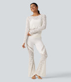 Cut Out Long Sleeve Thumb Hole Ruched Lace Yoga Sports Top — White — view 8