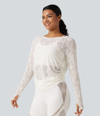 Cut Out Long Sleeve Thumb Hole Ruched Lace Yoga Sports Top — White — view 3