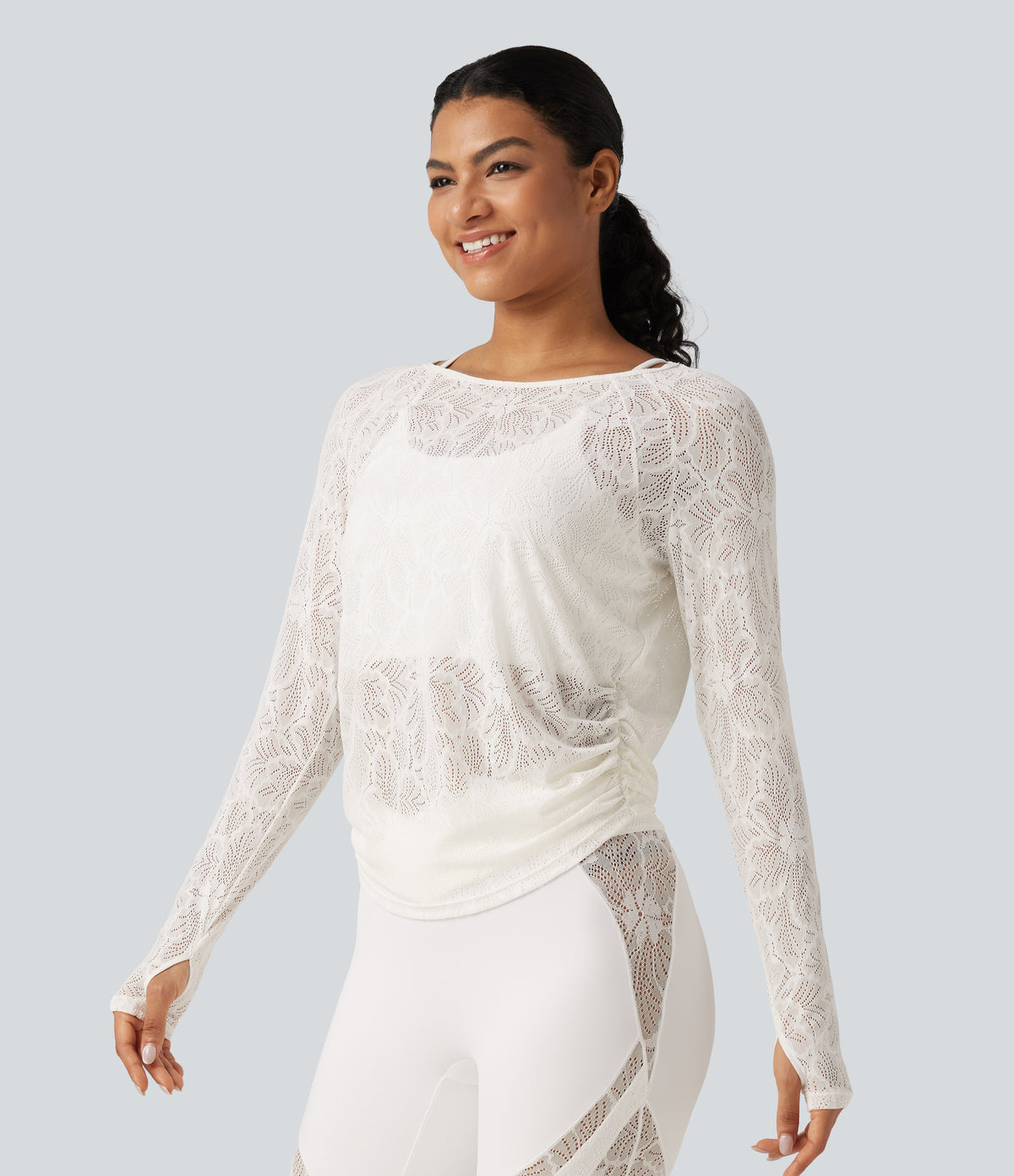 Cut Out Long Sleeve Thumb Hole Ruched Lace Yoga Sports Top — White — view 3