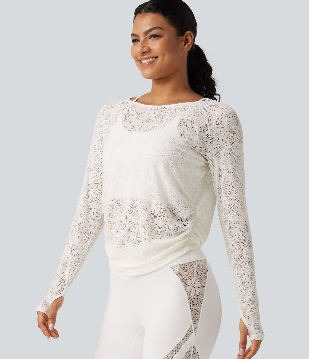Cut Out Long Sleeve Thumb Hole Ruched Lace Yoga Sports Top — White — view 5