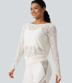 Cut Out Long Sleeve Thumb Hole Ruched Lace Yoga Sports Top — White — view 5