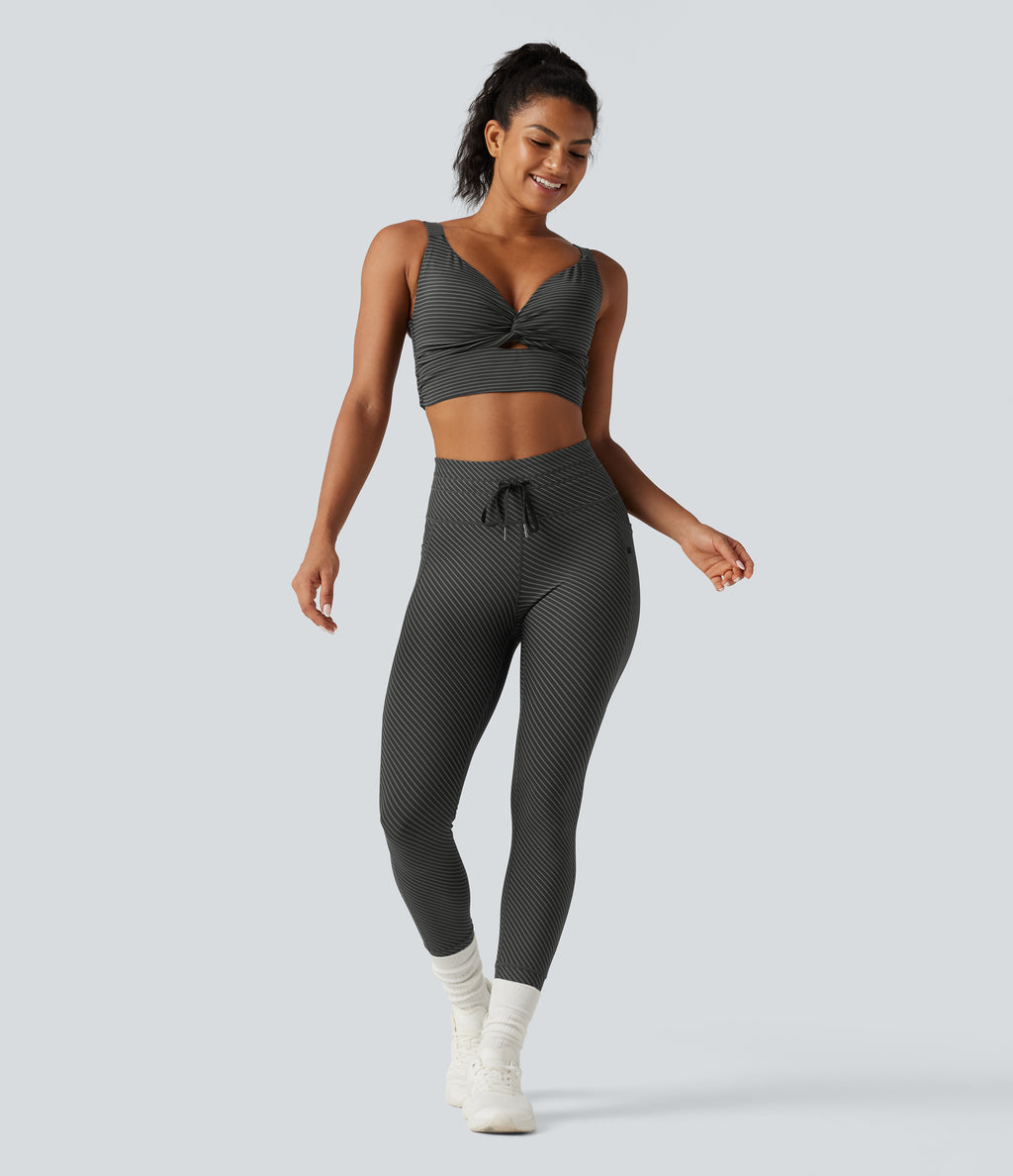 High Waisted Drawstring Twill Stripe Yoga Leggings with Pockets — Steel Stripe — view 7