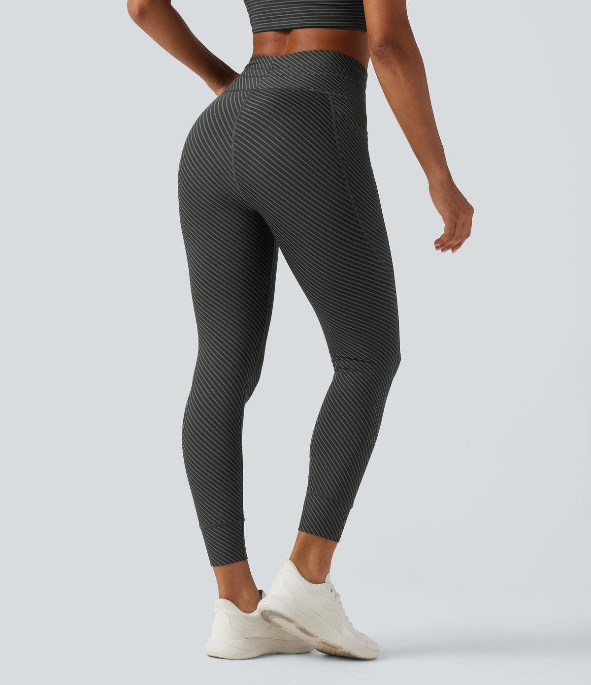 High Waisted Drawstring Twill Stripe Yoga Leggings with Pockets — Steel Stripe — view 2