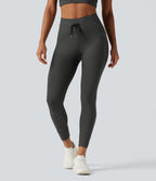 High Waisted Drawstring Twill Stripe Yoga Leggings with Pockets — Steel Stripe — view 3
