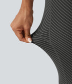 High Waisted Drawstring Twill Stripe Yoga Leggings with Pockets — Steel Stripe — view 6