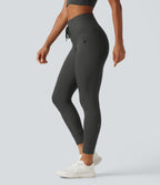 High Waisted Drawstring Twill Stripe Yoga Leggings with Pockets — Steel Stripe — view 1