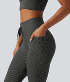 High Waisted Drawstring Twill Stripe Yoga Leggings with Pockets — Steel Stripe — view 4