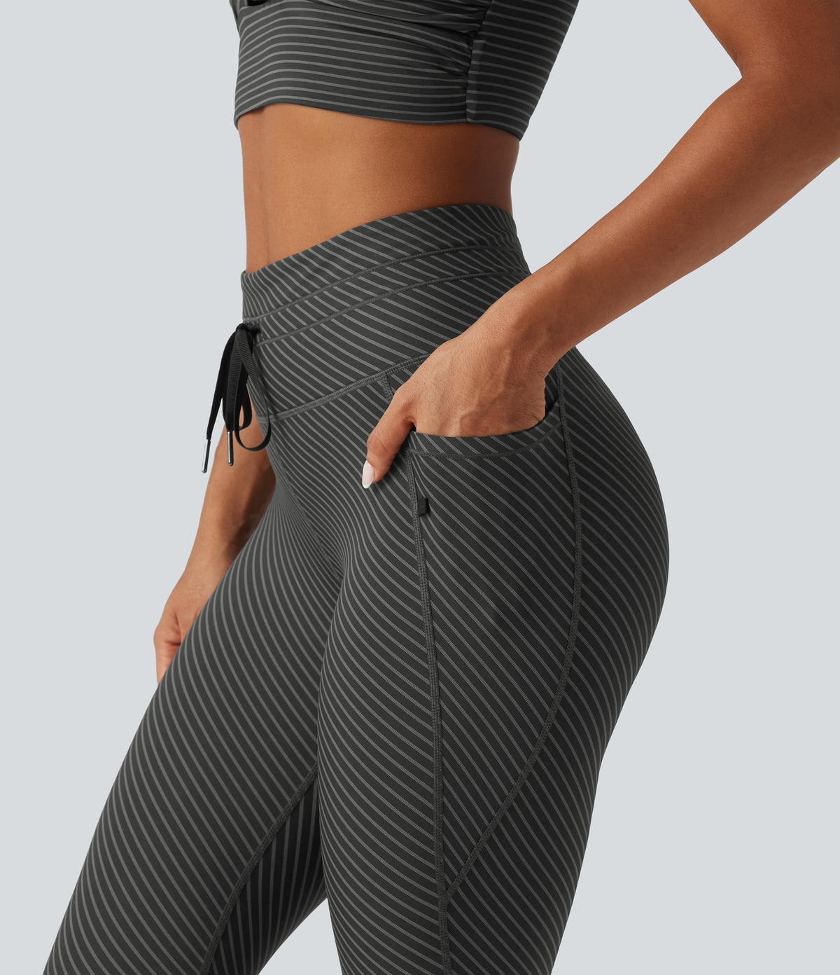 High Waisted Drawstring Twill Stripe Yoga Leggings with Pockets — Steel Stripe — view 4