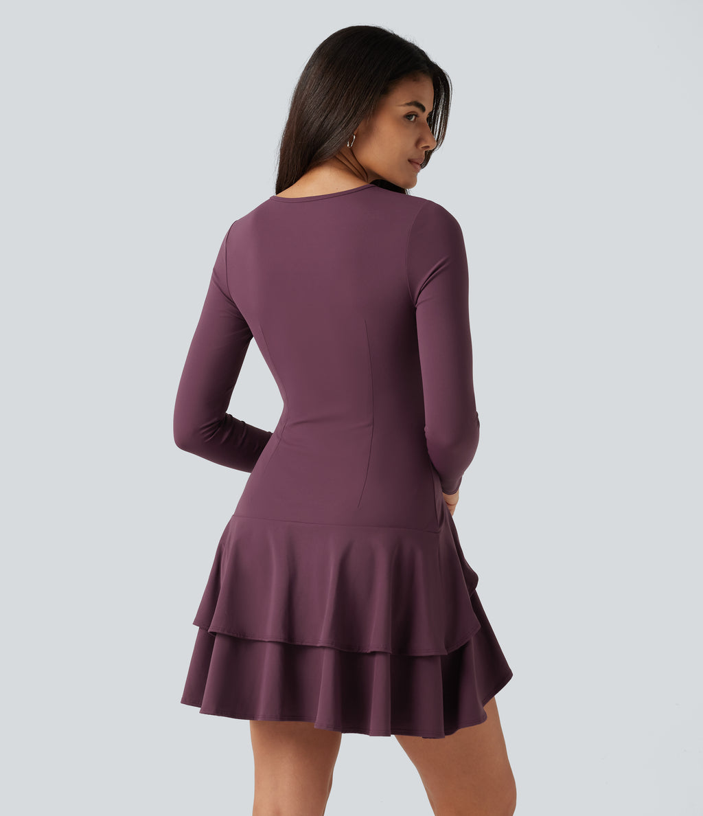 Airy Round Neck Long Sleeve Layered Ruffle Hem InstantCool Mini Casual Dress — Fig — view 2