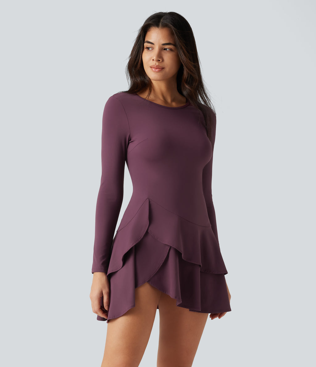 Airy Round Neck Long Sleeve Layered Ruffle Hem InstantCool Mini Casual Dress — Fig — view 3