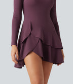 Airy Round Neck Long Sleeve Layered Ruffle Hem InstantCool Mini Casual Dress — Fig — view 6