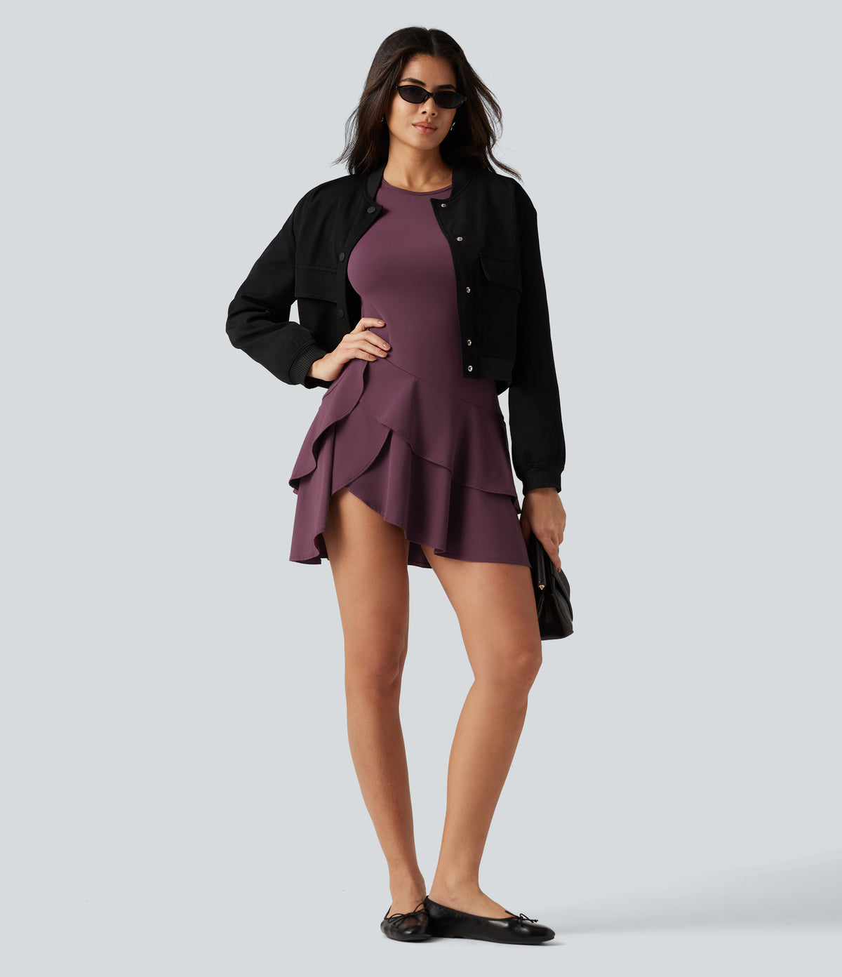 Airy Round Neck Long Sleeve Layered Ruffle Hem InstantCool Mini Casual Dress — Fig — view 7
