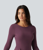 Airy Round Neck Long Sleeve Layered Ruffle Hem InstantCool Mini Casual Dress — Fig — view 4