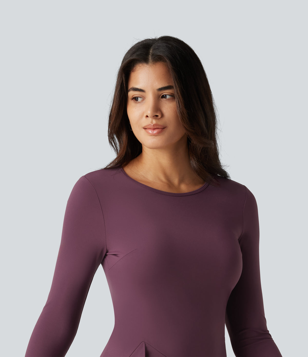 Airy Round Neck Long Sleeve Layered Ruffle Hem InstantCool Mini Casual Dress — Fig — view 4