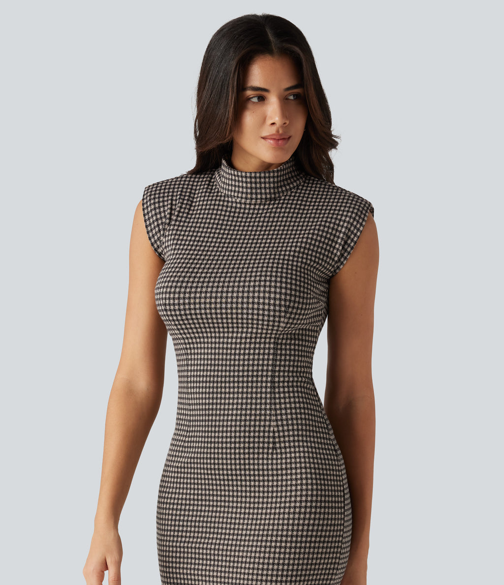 High Neck Sleeveless Bodycon Patterned Midi Work Dress — Latte Night Grid — view 4