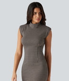 High Neck Sleeveless Bodycon Patterned Midi Work Dress — Latte Night Grid — view 4