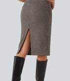 High Neck Sleeveless Bodycon Patterned Midi Work Dress — Latte Night Grid — view 6
