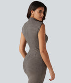 High Neck Sleeveless Bodycon Patterned Midi Work Dress — Latte Night Grid — view 5