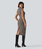 High Neck Sleeveless Bodycon Patterned Midi Work Dress — Latte Night Grid — view 2