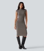 High Neck Sleeveless Bodycon Patterned Midi Work Dress — Latte Night Grid — view 3