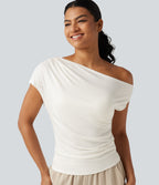 Ribbed One Shoulder Short Sleeve Ruched Built-in Bra Casual T-Shirt — White — view 5