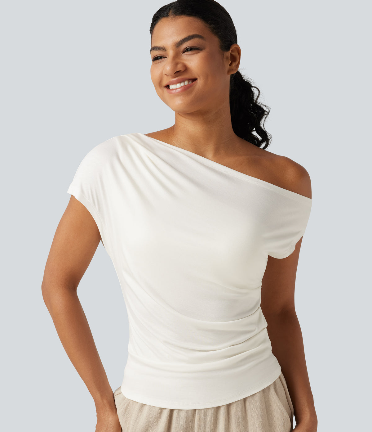 Ribbed One Shoulder Short Sleeve Ruched Built-in Bra Casual T-Shirt — White — view 5
