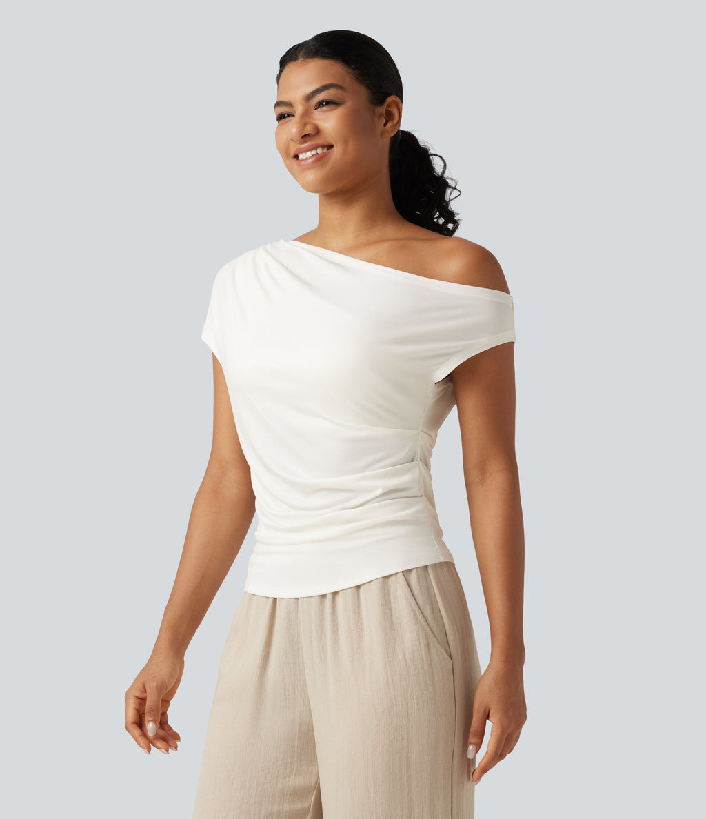 Ribbed One Shoulder Short Sleeve Ruched Built-in Bra Casual T-Shirt — White — view 4