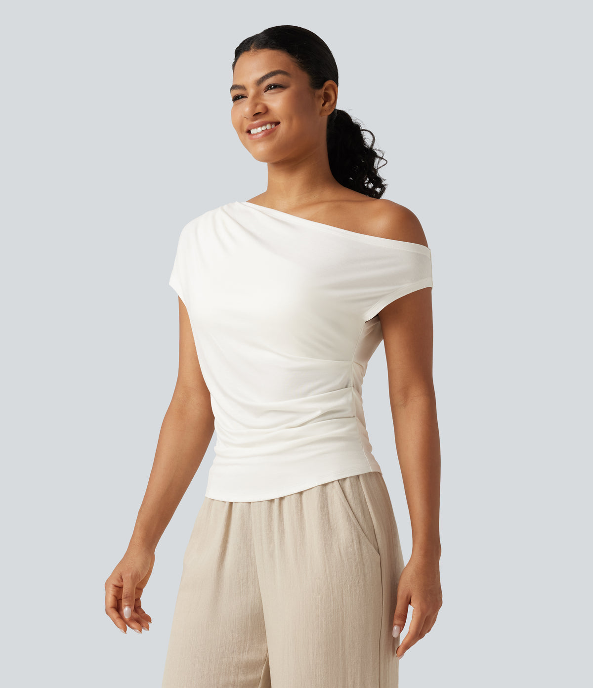 Ribbed One Shoulder Short Sleeve Ruched Built-in Bra Casual T-Shirt — White — view 4