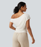 Ribbed One Shoulder Short Sleeve Ruched Built-in Bra Casual T-Shirt — White — view 2