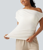 Ribbed One Shoulder Short Sleeve Ruched Built-in Bra Casual T-Shirt — White — view 6