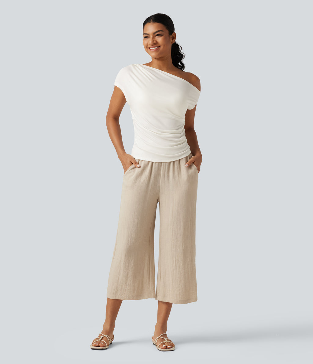 Ribbed One Shoulder Short Sleeve Ruched Built-in Bra Casual T-Shirt — White — view 8