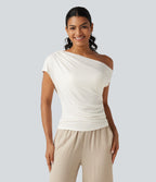 Ribbed One Shoulder Short Sleeve Ruched Built-in Bra Casual T-Shirt — White — view 3