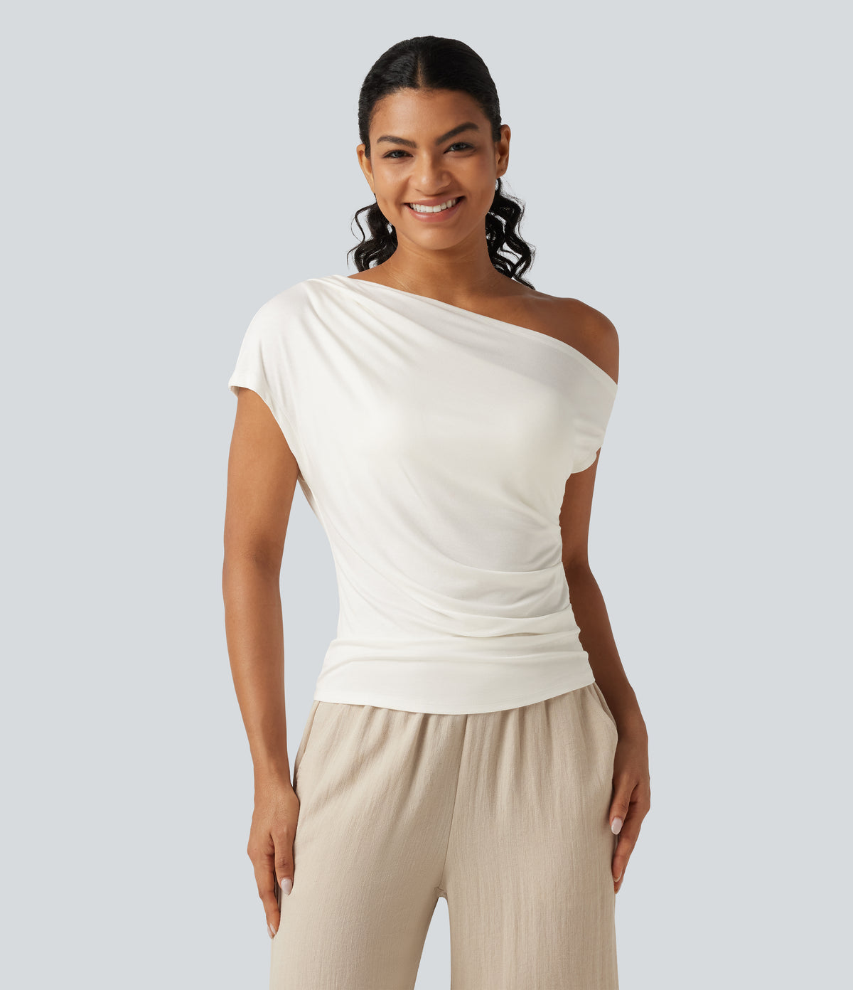 Ribbed One Shoulder Short Sleeve Ruched Built-in Bra Casual T-Shirt — White — view 3