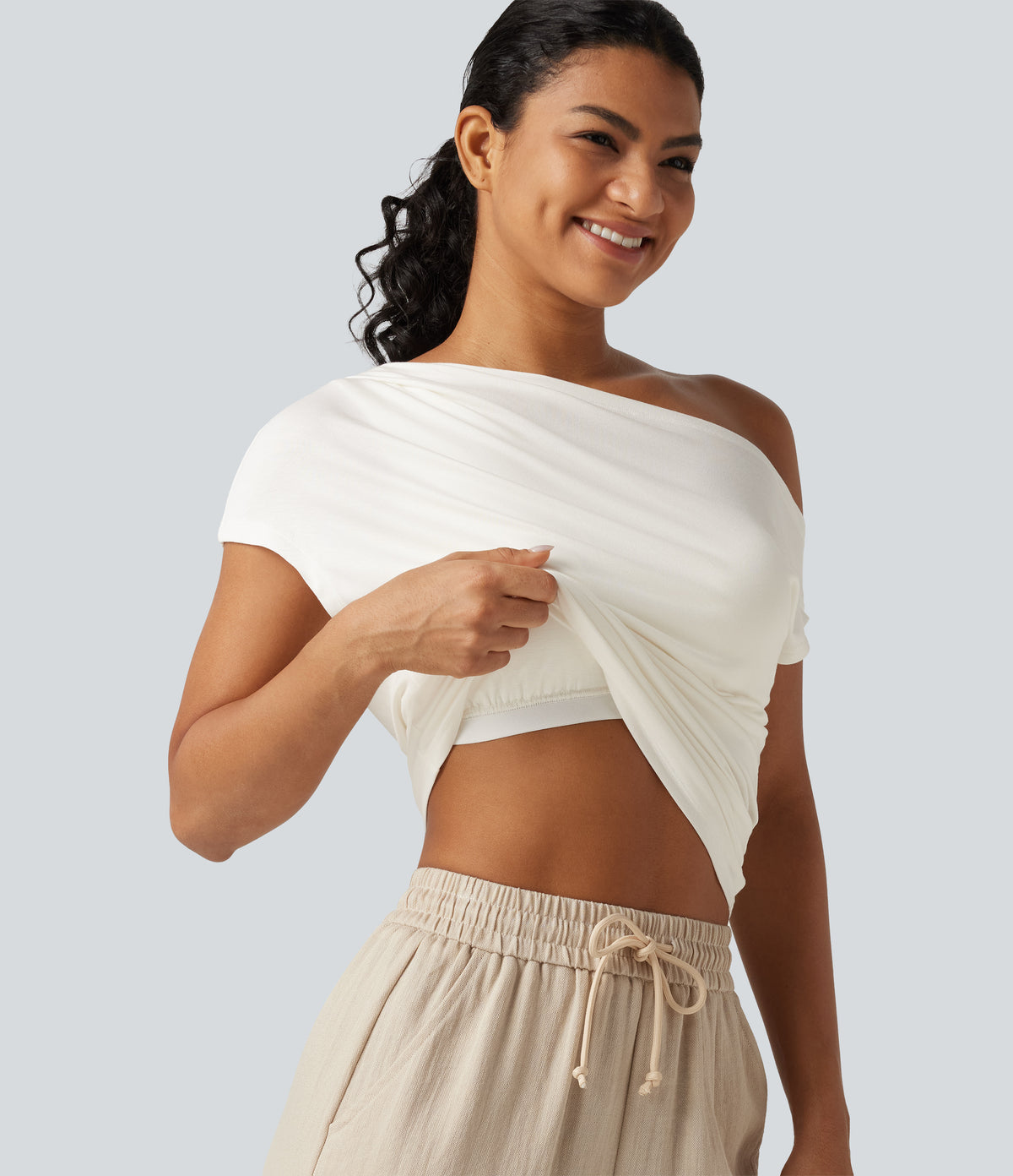 Ribbed One Shoulder Short Sleeve Ruched Built-in Bra Casual T-Shirt — White — view 1