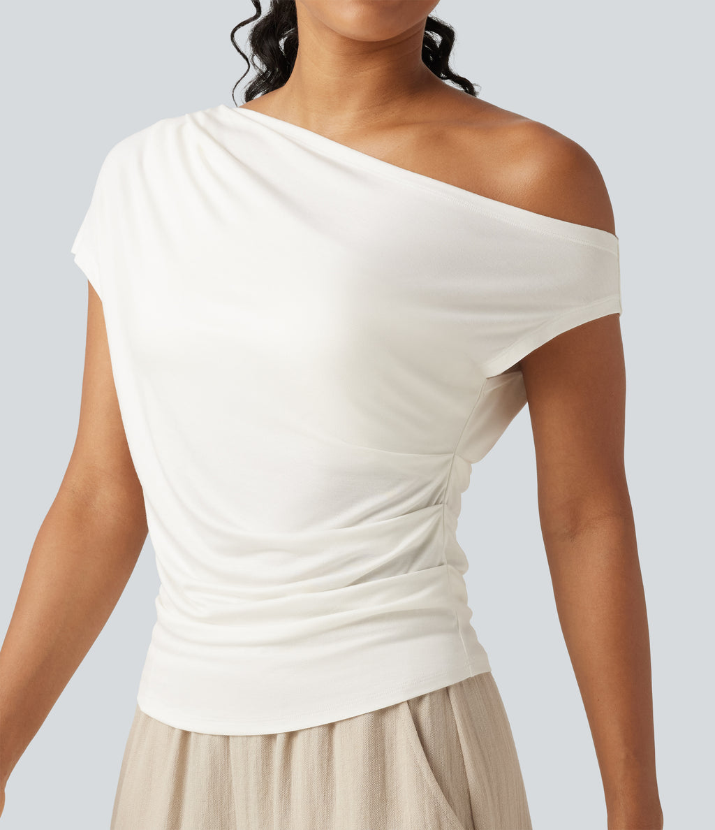 Ribbed One Shoulder Short Sleeve Ruched Built-in Bra Casual T-Shirt — White — view 7