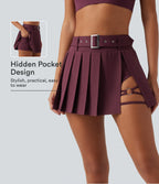 Mid Rise Belted 2-in-1 Pleated Asymmetric Hem Quick Dry Micro Mini Dance Skirt with Pocket — Amaranth — view 1