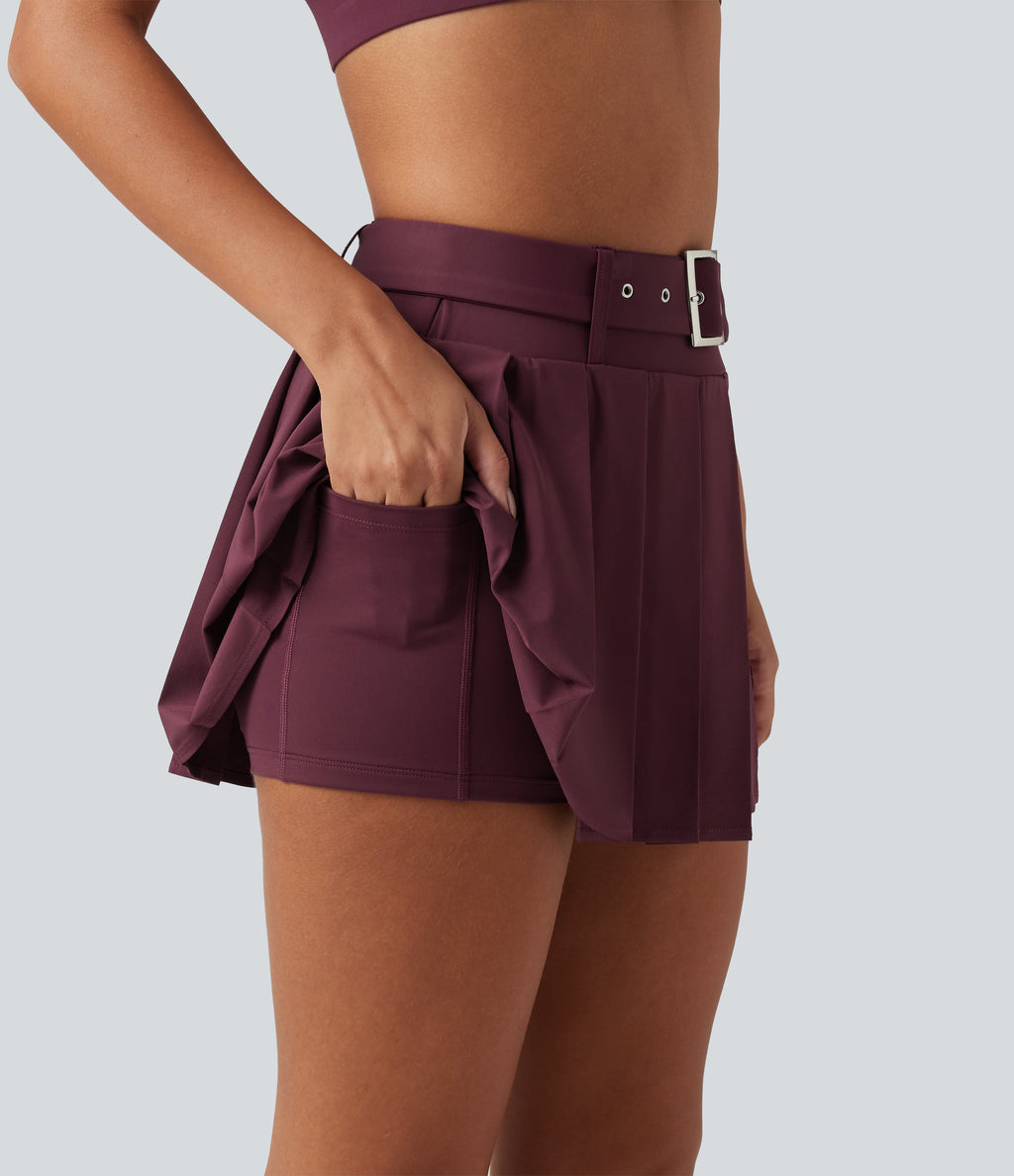 Mid Rise Belted 2-in-1 Pleated Asymmetric Hem Quick Dry Micro Mini Dance Skirt with Pocket — Amaranth — view 5