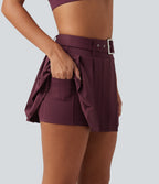 Mid Rise Belted 2-in-1 Pleated Asymmetric Hem Quick Dry Micro Mini Dance Skirt with Pocket — Amaranth — view 5