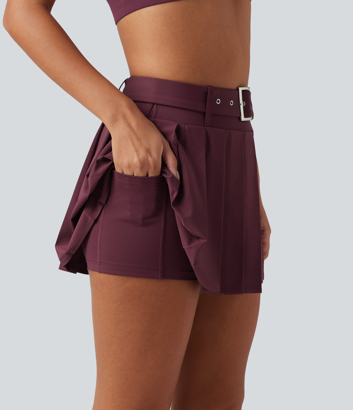 Mid Rise Belted 2-in-1 Pleated Asymmetric Hem Quick Dry Micro Mini Dance Skirt with Pocket — Amaranth — view 5