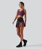 Mid Rise Belted 2-in-1 Pleated Asymmetric Hem Quick Dry Micro Mini Dance Skirt with Pocket — Amaranth — view 7