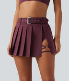 Mid Rise Belted 2-in-1 Pleated Asymmetric Hem Quick Dry Micro Mini Dance Skirt with Pocket — Amaranth — view 4