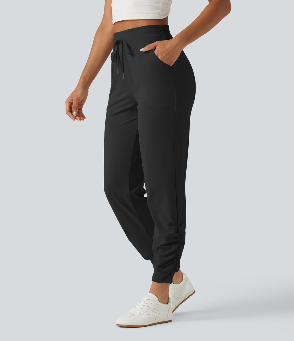High Waisted Drawstring Ruched Yoga Joggers with Pockets — Black — view 3