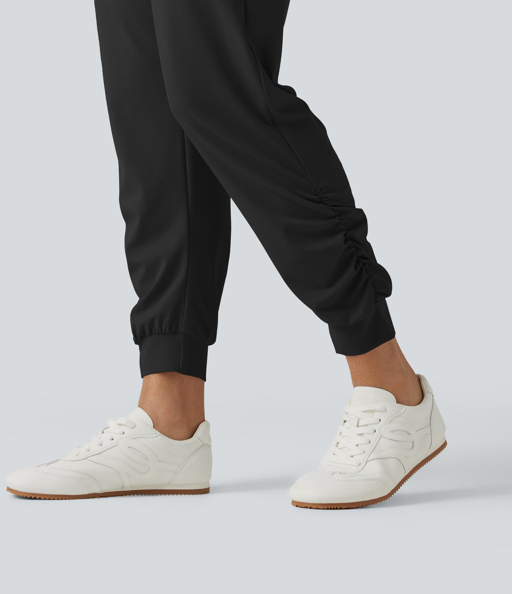 High Waisted Drawstring Ruched Yoga Joggers with Pockets — Black — view 5