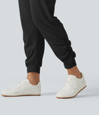 High Waisted Drawstring Ruched Yoga Joggers with Pockets — Black — view 5