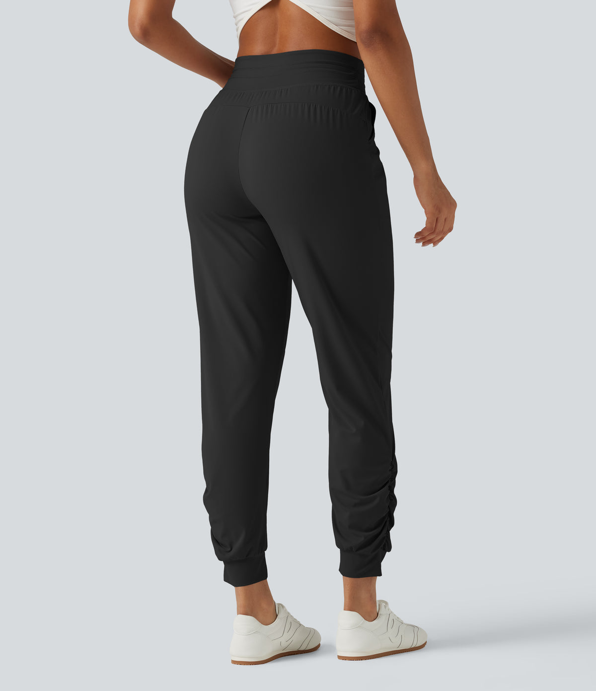 High Waisted Drawstring Ruched Yoga Joggers with Pockets — Black — view 2