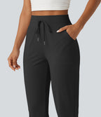 High Waisted Drawstring Ruched Yoga Joggers with Pockets — Black — view 4