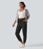 High Waisted Drawstring Ruched Yoga Joggers with Pockets — Black — view 7